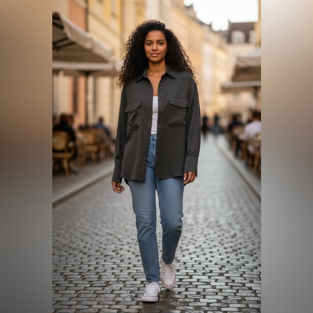 Zara Gray Lightweight Shirt Jacket with Collared Neckline